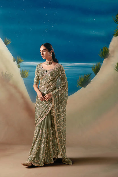 Olive Green Satin Organza Heavy Embroidery Saree