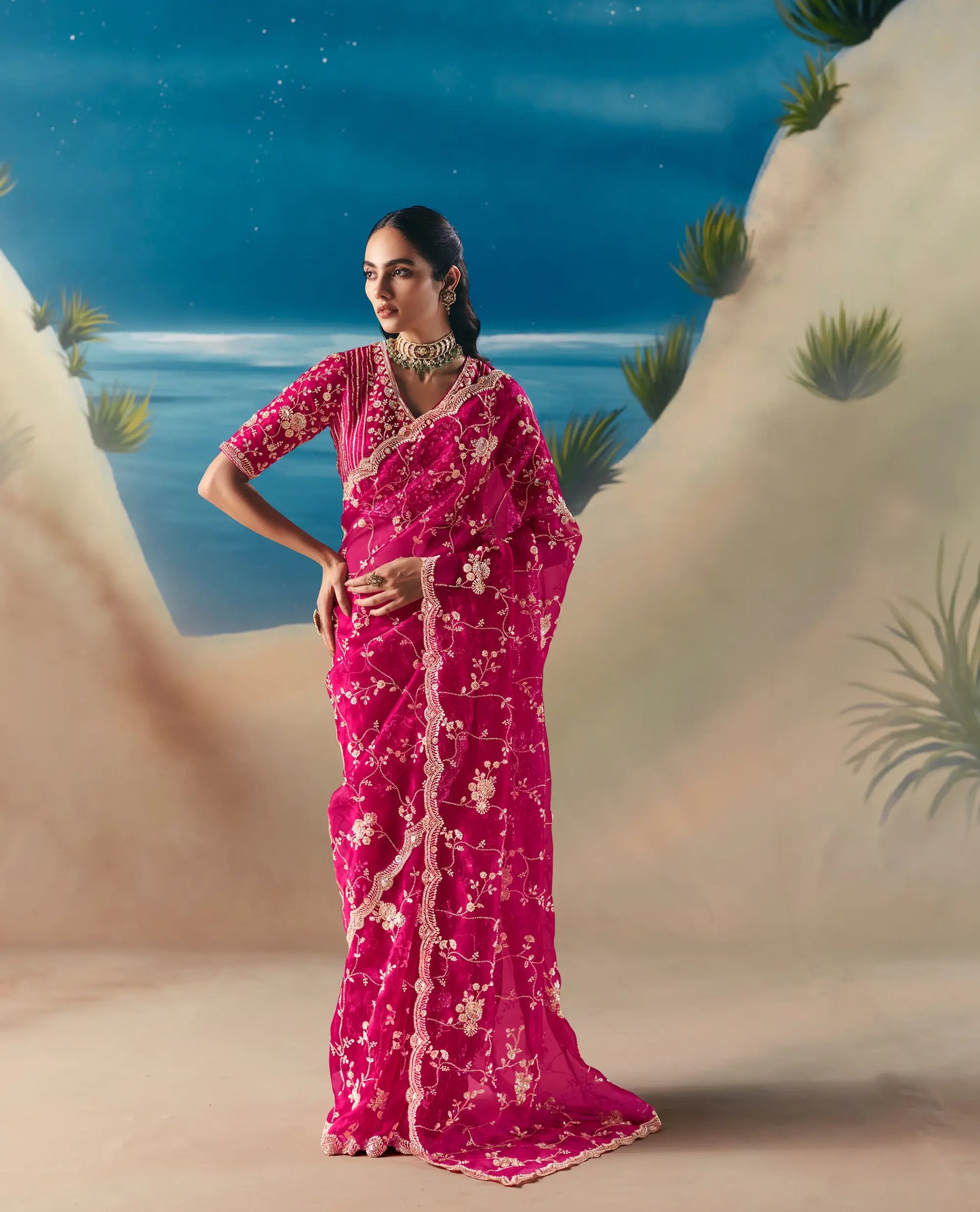 Rose Red Satin Organza Heavy Embroidery Saree