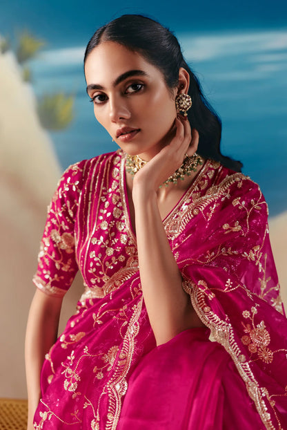 Rose Red Satin Organza Heavy Embroidery Saree