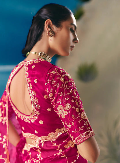 Rose Red Satin Organza Heavy Embroidery Saree