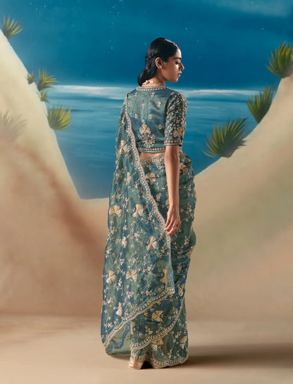 Marble Blue Satin Organza Heavy Embroidery Saree