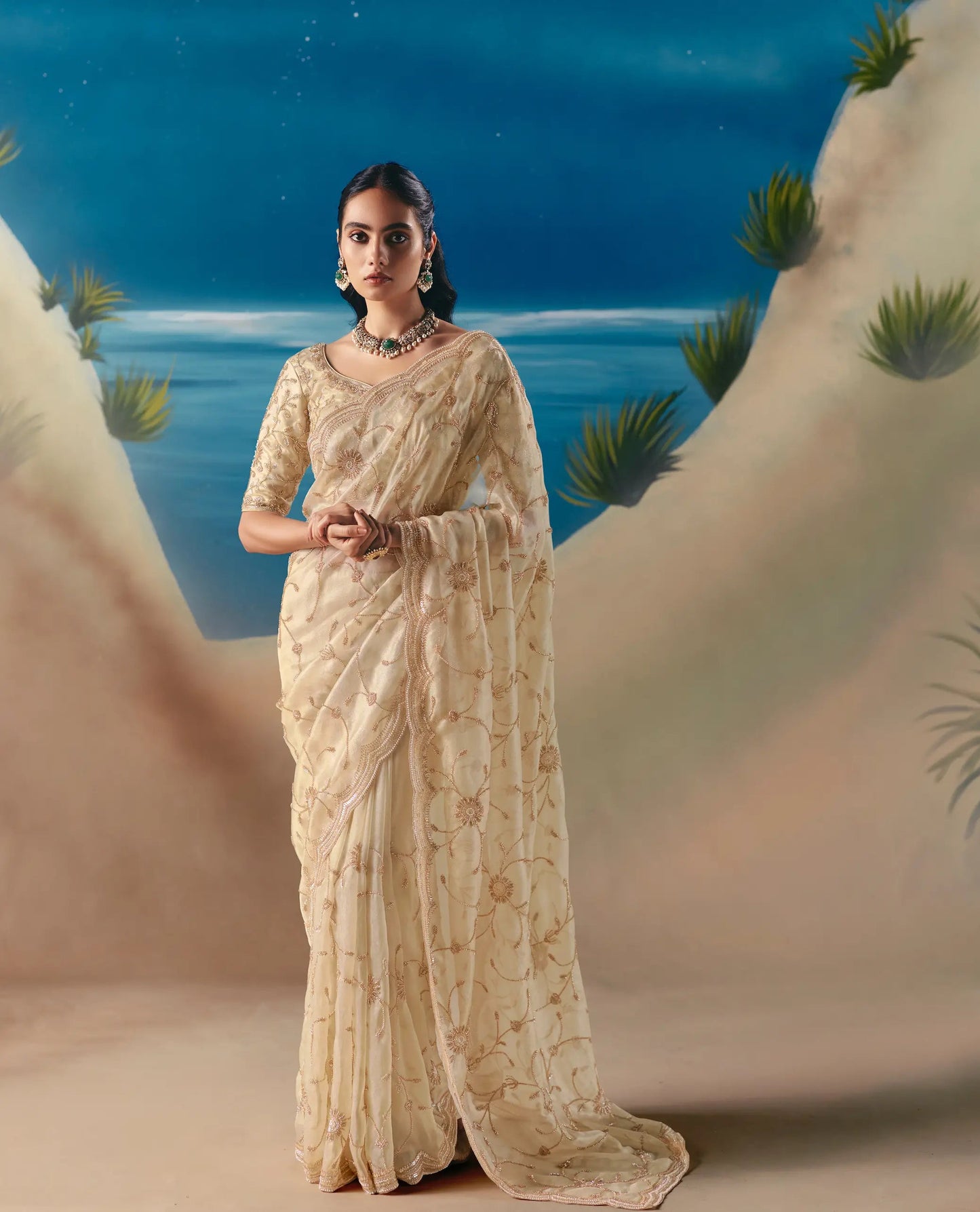 Champagne Satin Organza Heavy Embroidery Saree