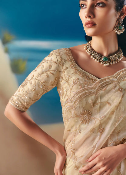 Champagne Satin Organza Heavy Embroidery Saree