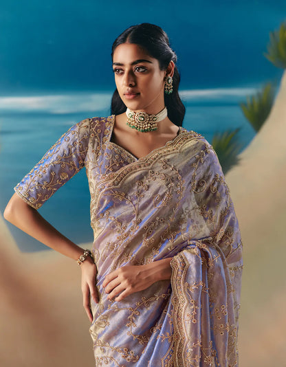 Lavender Satin Organza Heavy Embroidery Saree