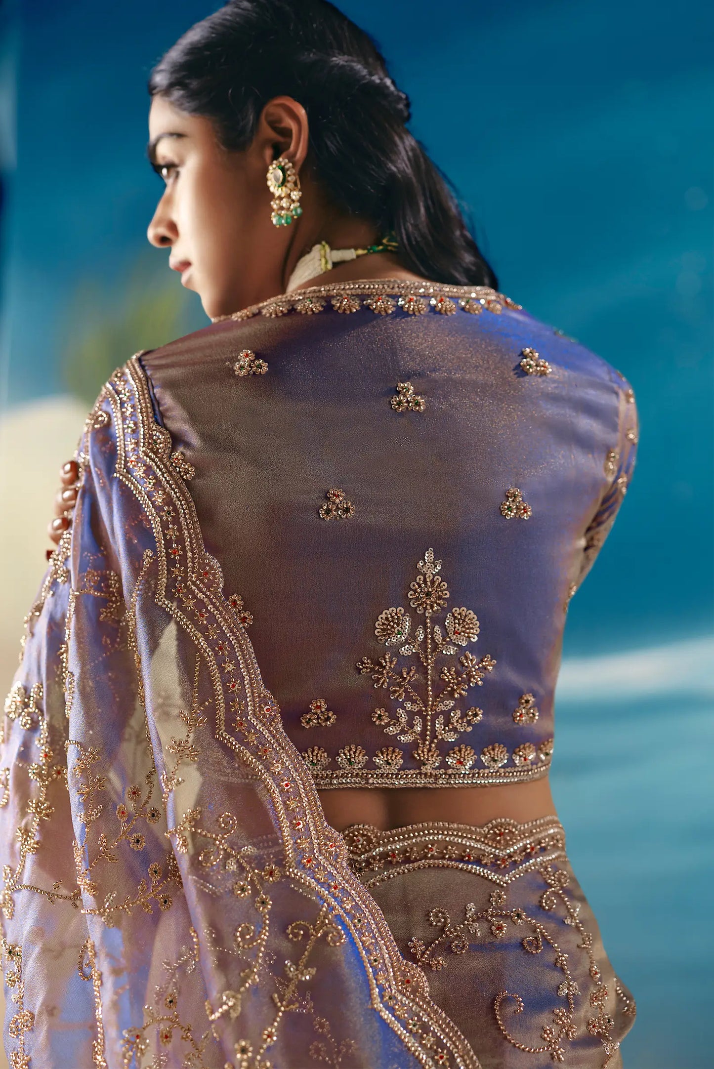 Lavender Satin Organza Heavy Embroidery Saree