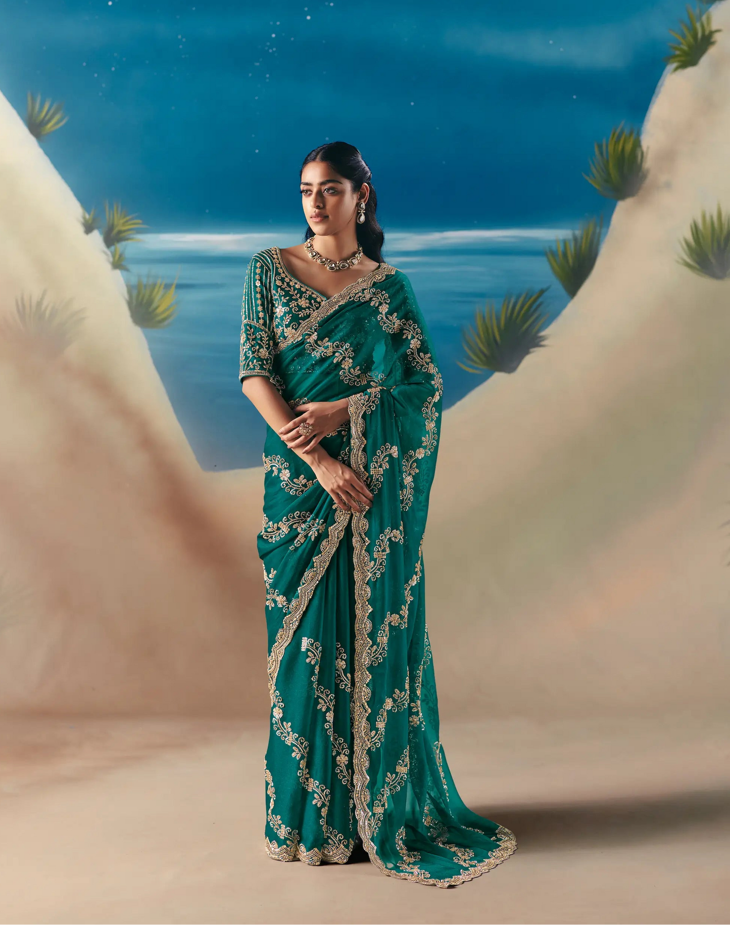 Dark Teal Satin Organza Heavy Embroidery Saree