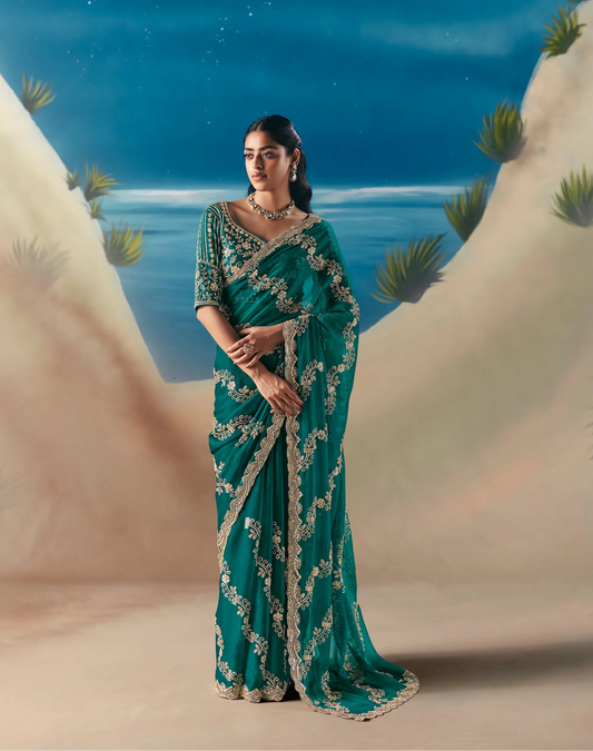 Dark Teal Satin Organza Heavy Embroidery Saree
