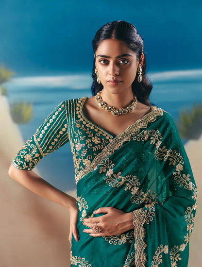 Dark Teal Satin Organza Heavy Embroidery Saree