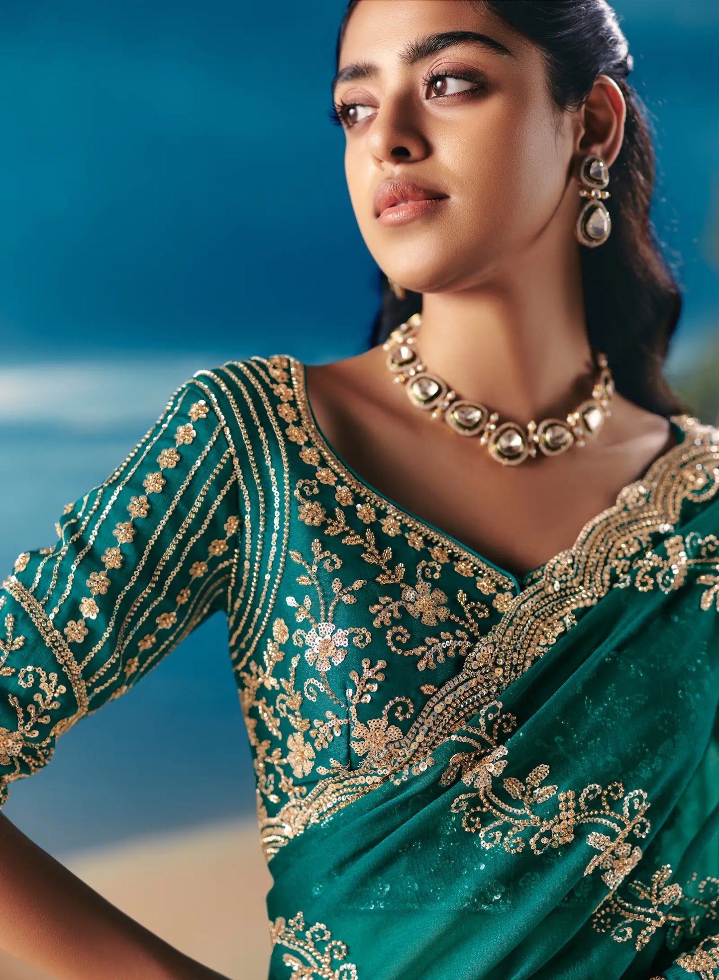 Dark Teal Satin Organza Heavy Embroidery Saree