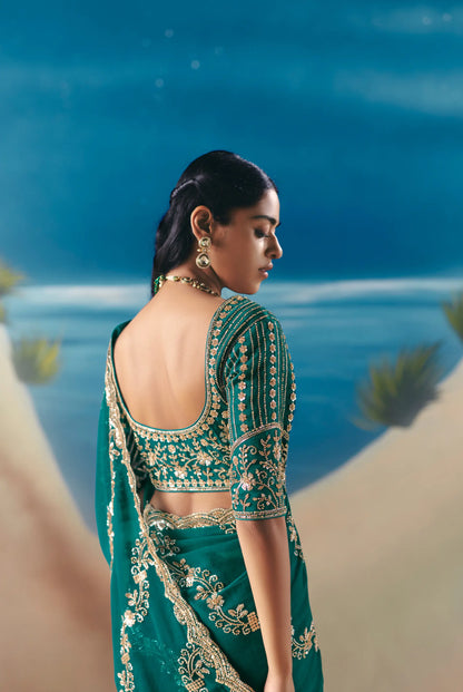 Dark Teal Satin Organza Heavy Embroidery Saree