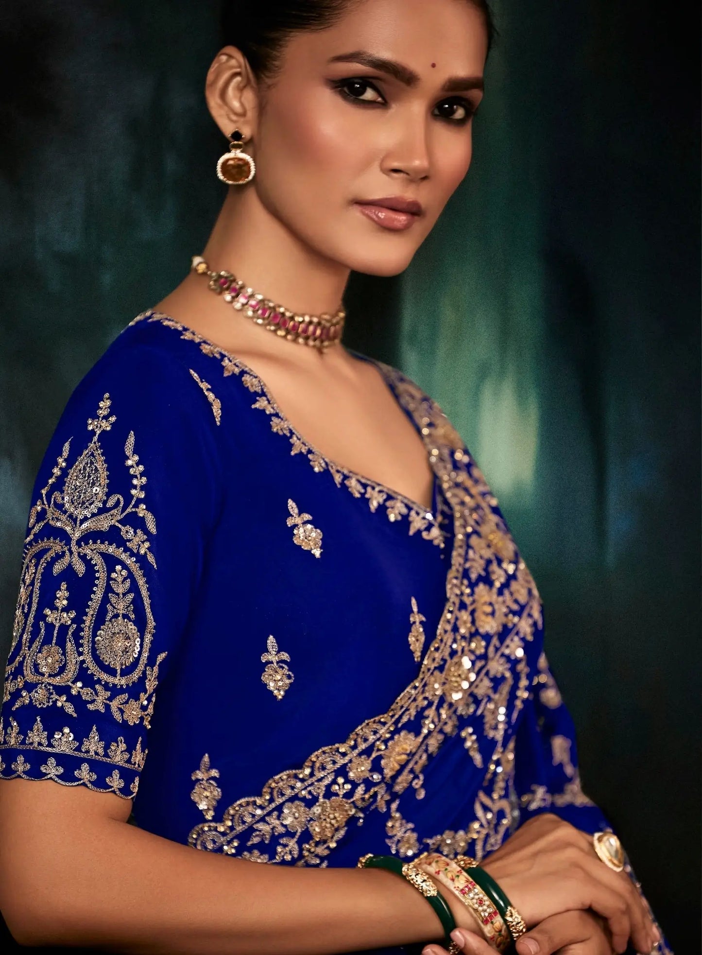 Royal Blue Bridal Saree With Aari & Hand Work