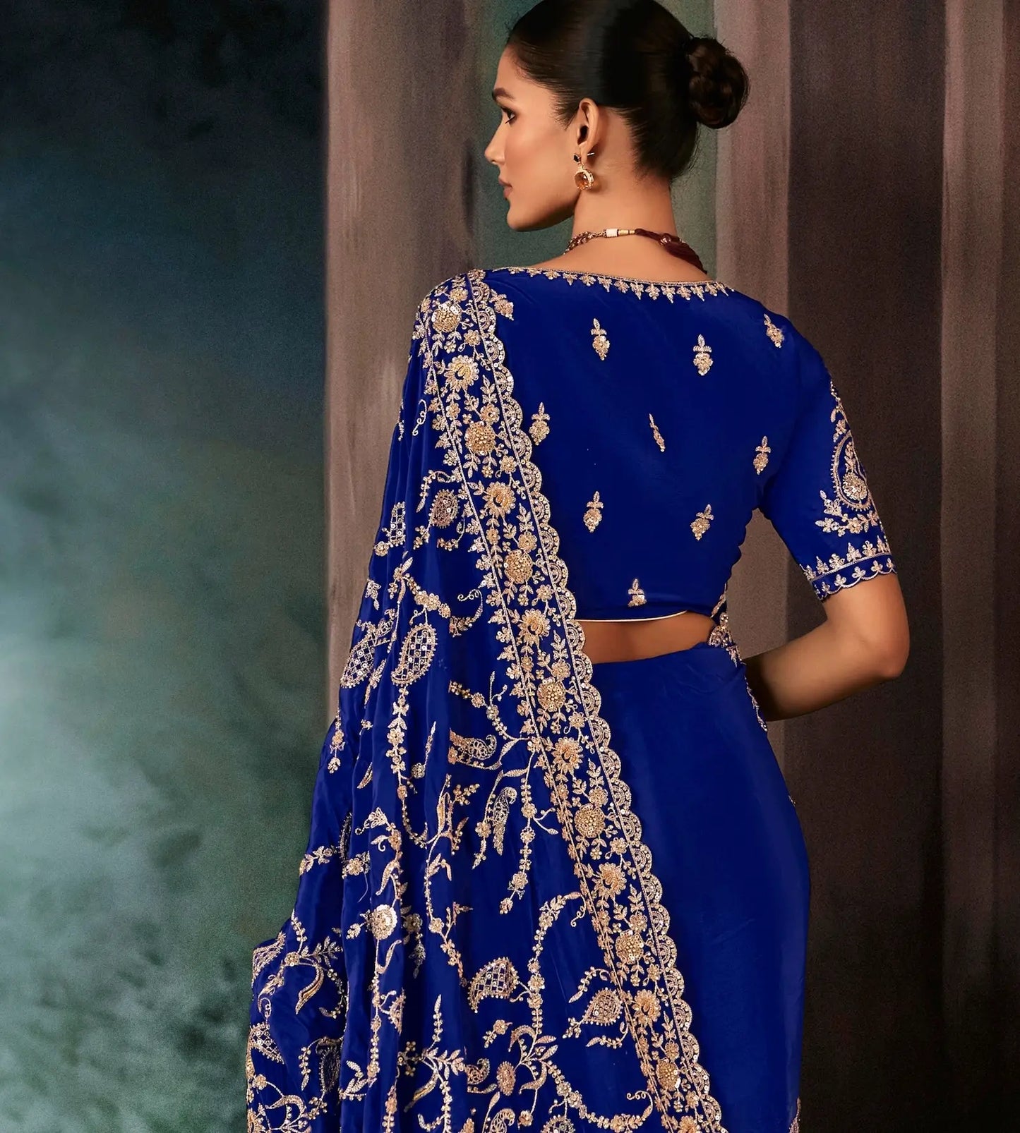 Royal Blue Bridal Saree With Aari & Hand Work