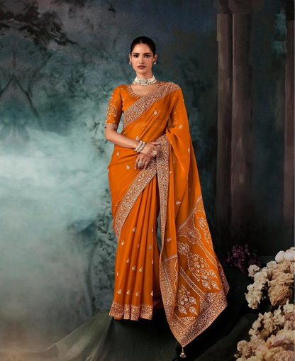 Rust Orange Bridal Saree With Aari & Hand Work