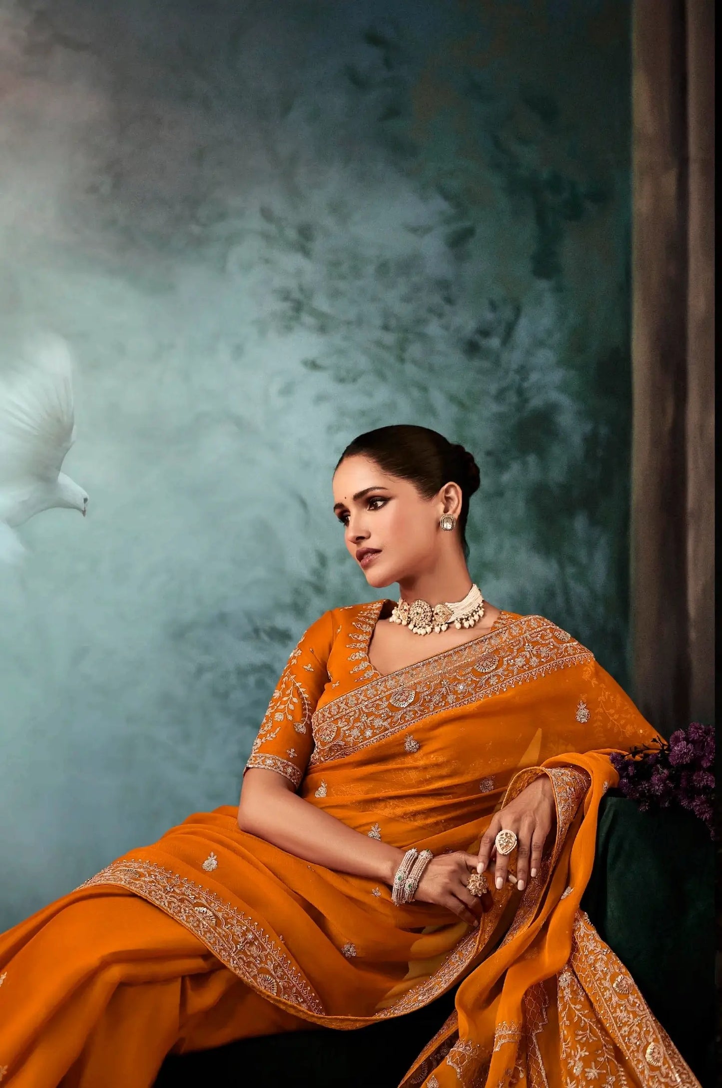 Rust Orange Bridal Saree With Aari & Hand Work