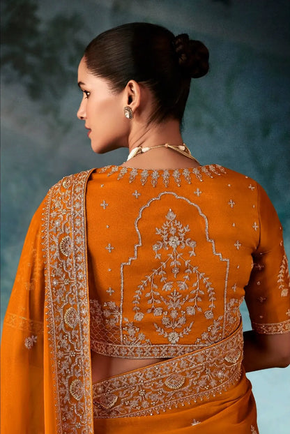 Rust Orange Bridal Saree With Aari & Hand Work