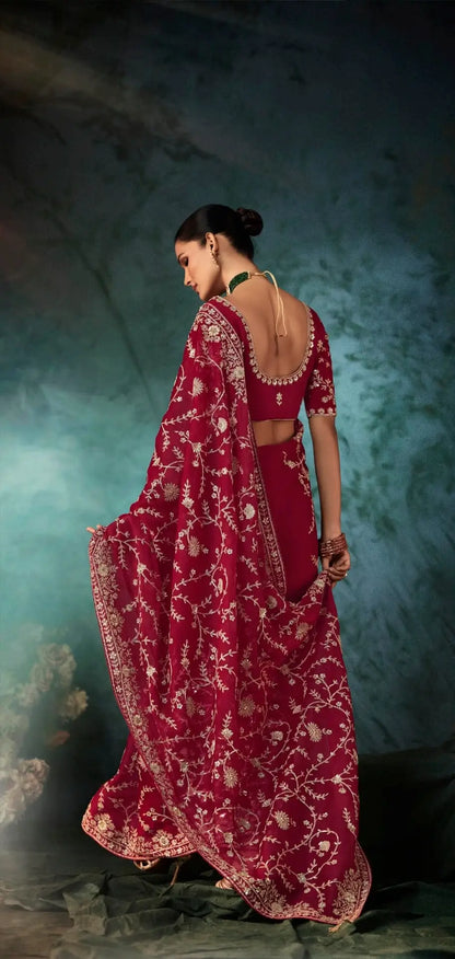 Dark Red Bridal Saree With Aari & Hand Work