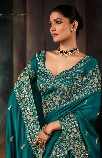 Deep Teal Bridal Saree With Aari & Hand Work