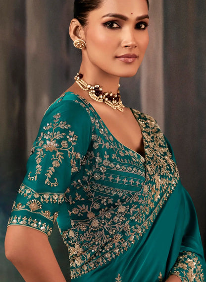 Deep Teal Bridal Saree With Aari & Hand Work