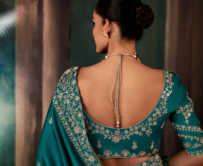 Deep Teal Bridal Saree With Aari & Hand Work