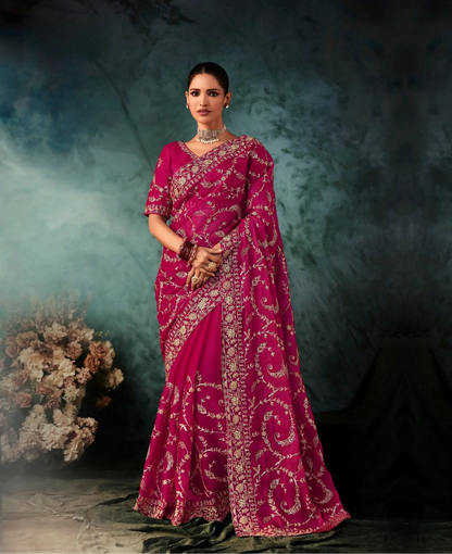 Rani Pink Bridal Saree With Aari & Hand Work