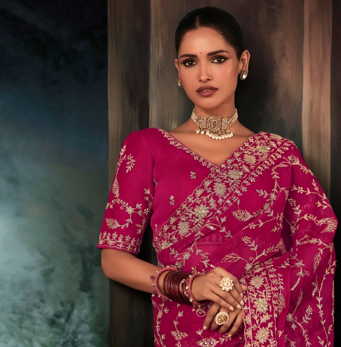 Rani Pink Bridal Saree With Aari & Hand Work