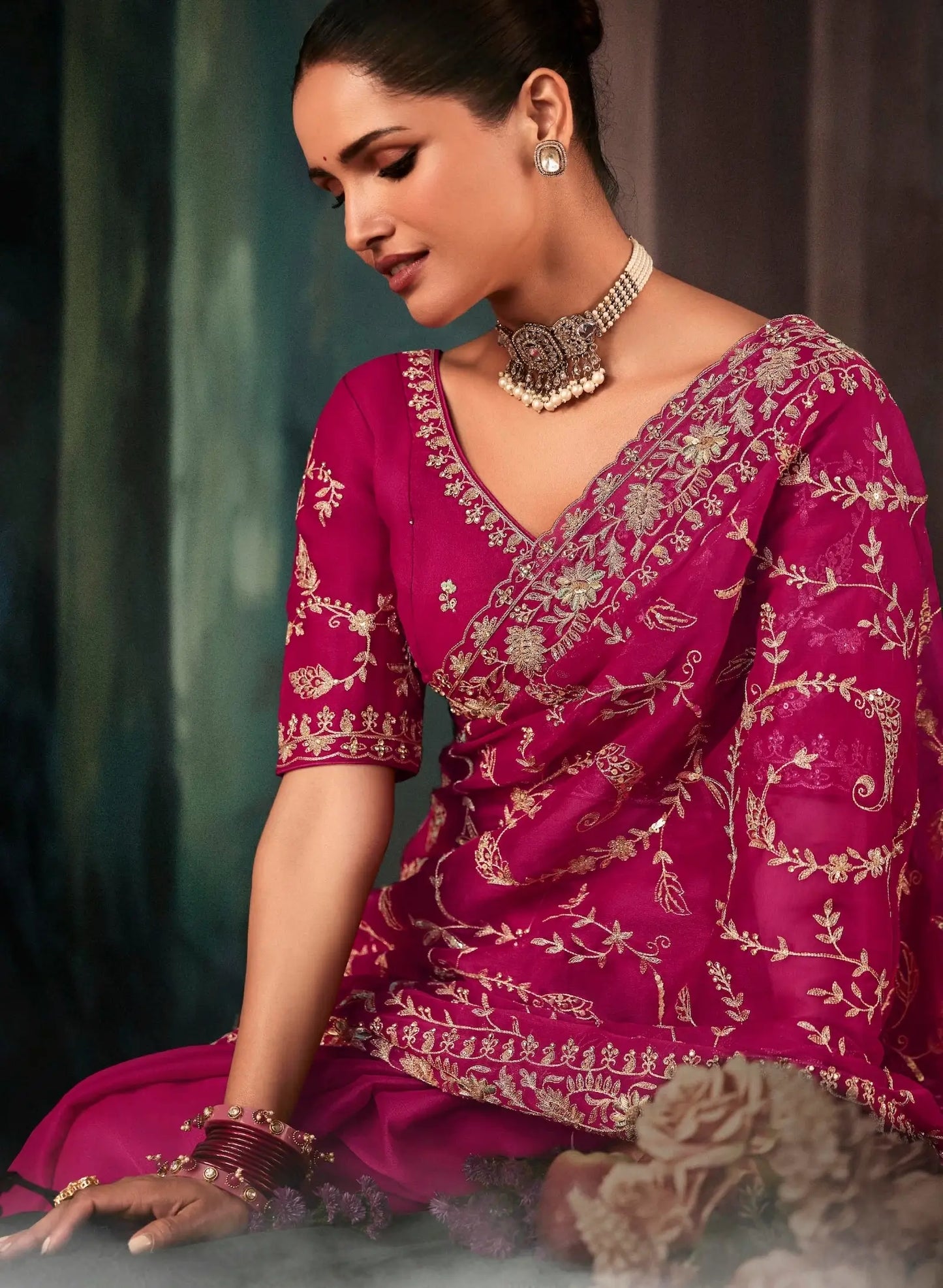 Rani Pink Bridal Saree With Aari & Hand Work