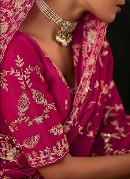 Rani Pink Bridal Saree With Aari & Hand Work