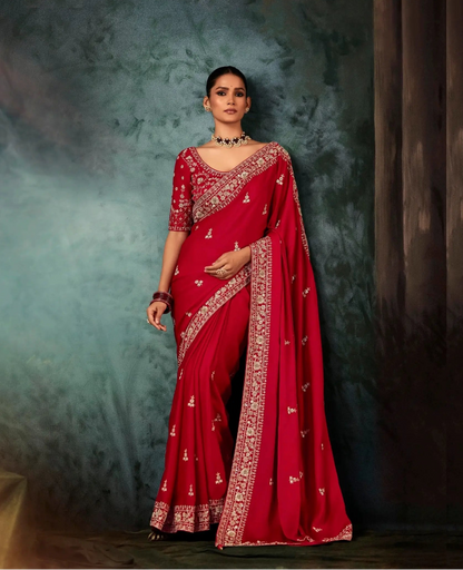 Cherry Red Bridal Saree With Aari & Hand Work