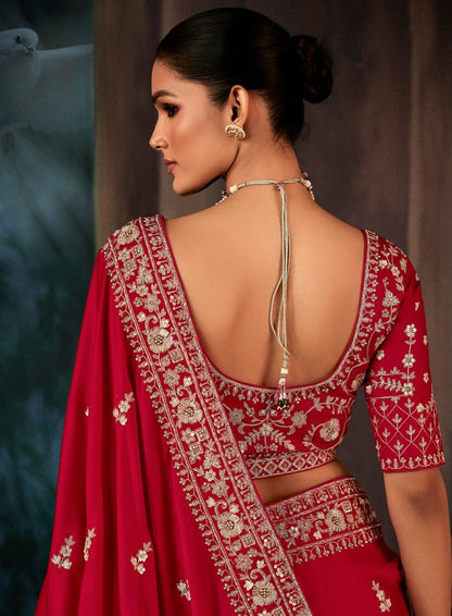 Cherry Red Bridal Saree With Aari & Hand Work
