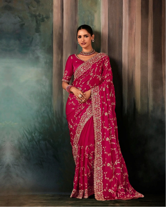 Hot Pink Bridal Saree With Aari & Hand Work