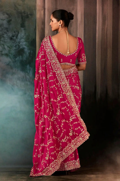 Hot Pink Bridal Saree With Aari & Hand Work