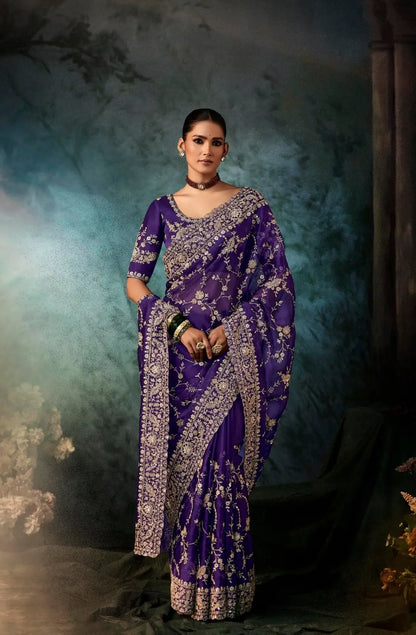 Midnight Purple Bridal Saree With Aari & Hand Work