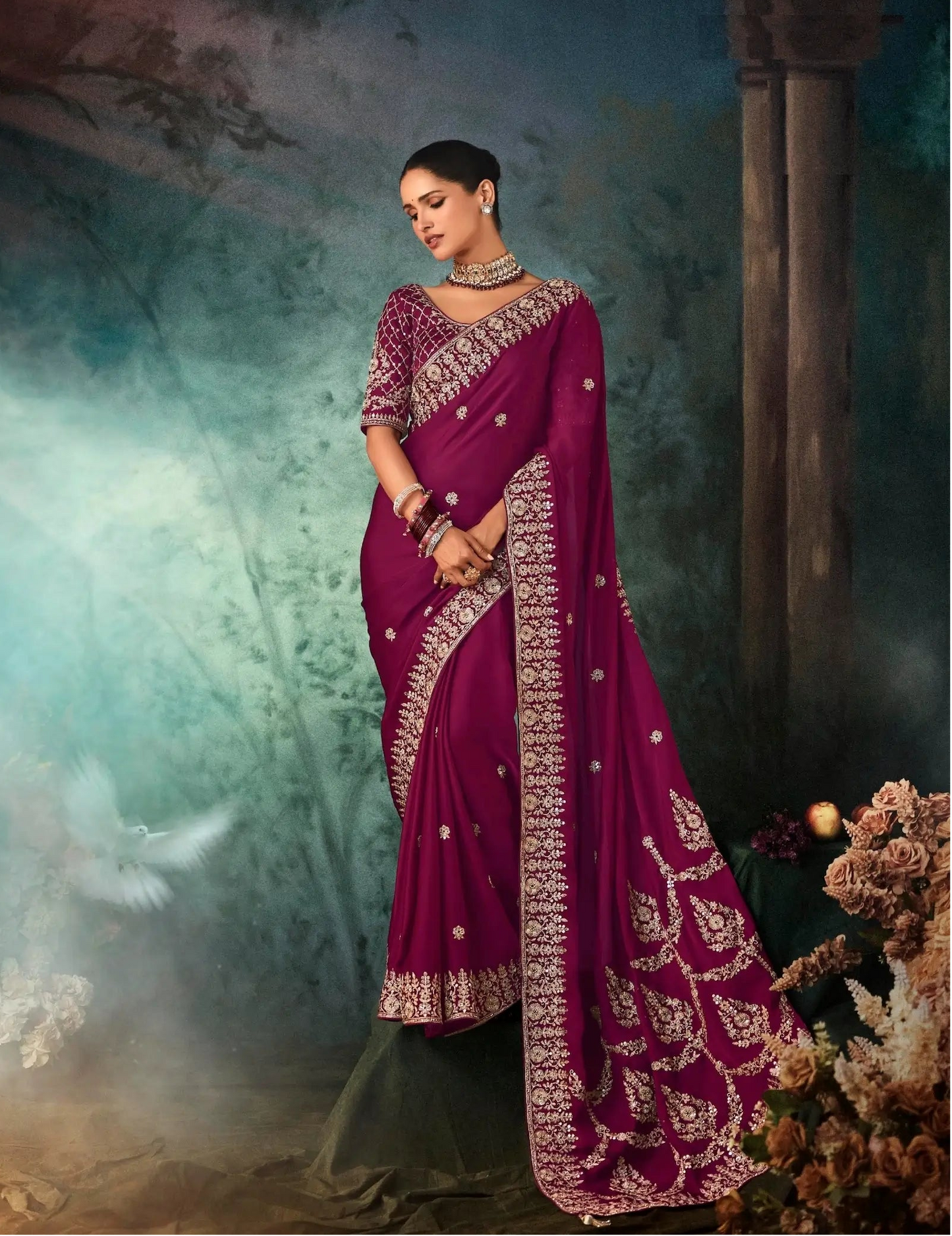 Mulberry Bridal Saree With Aari & Hand Work