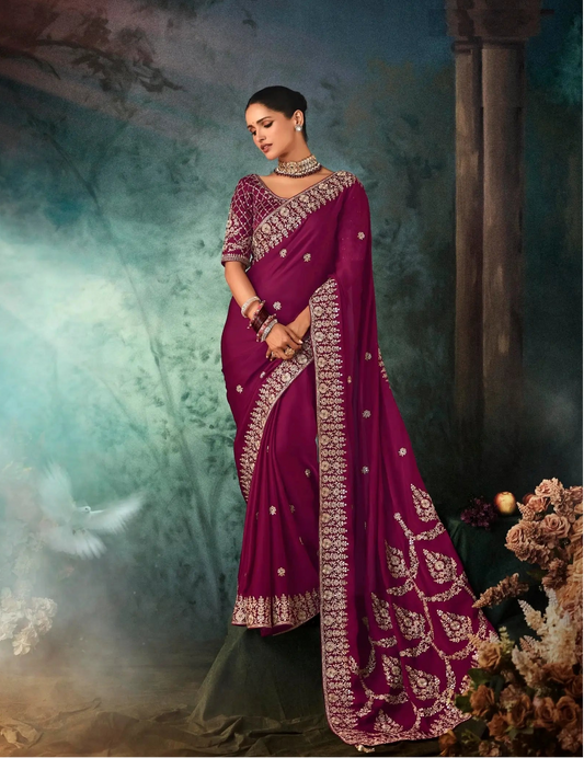 Mulberry Bridal Saree With Aari & Hand Work