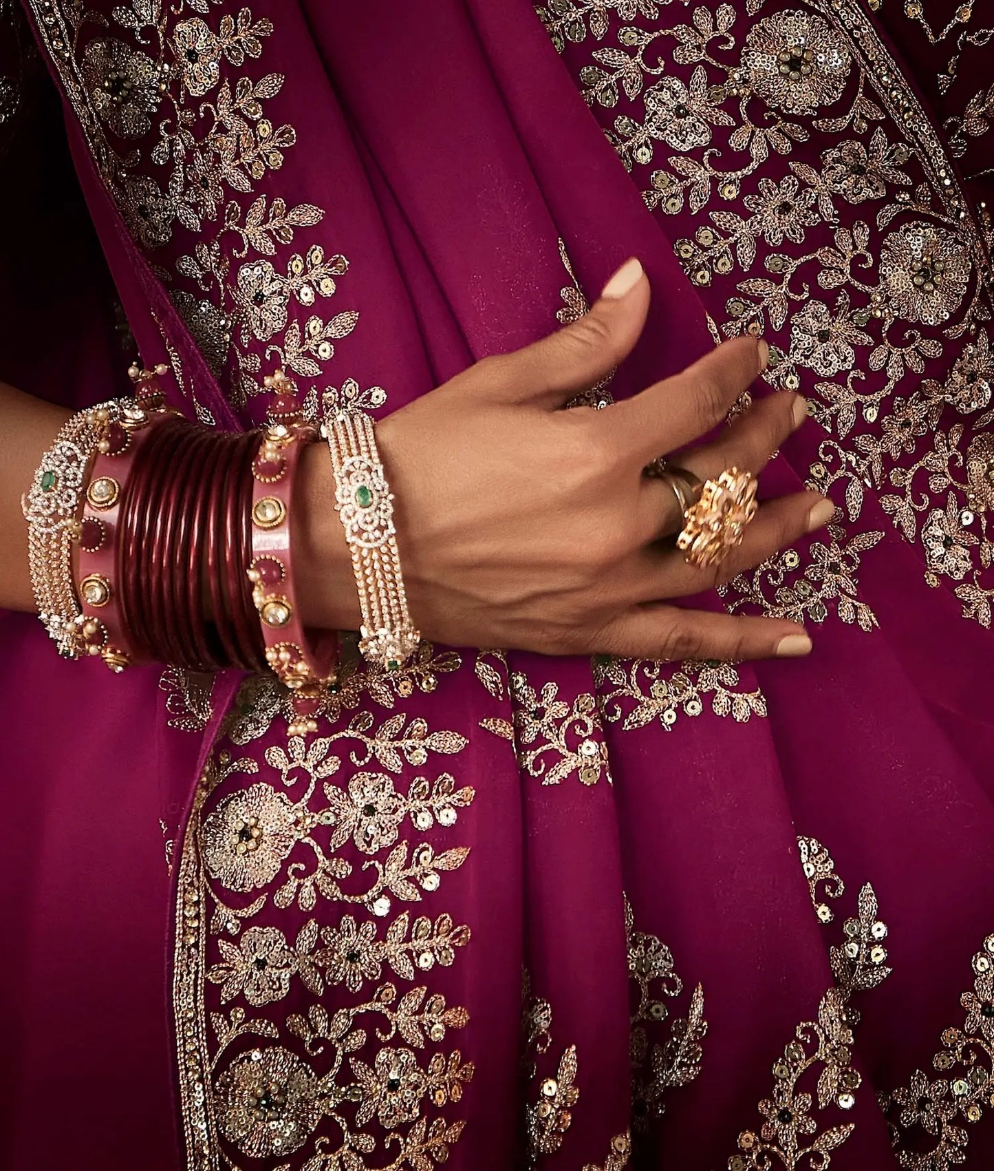 Mulberry Bridal Saree With Aari & Hand Work