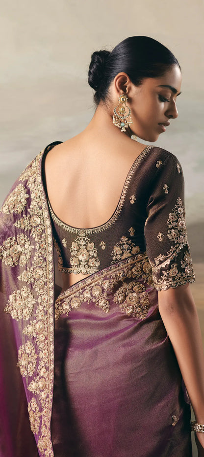 Purple-Brown Heavy Embroidered Tissue Silk Saree