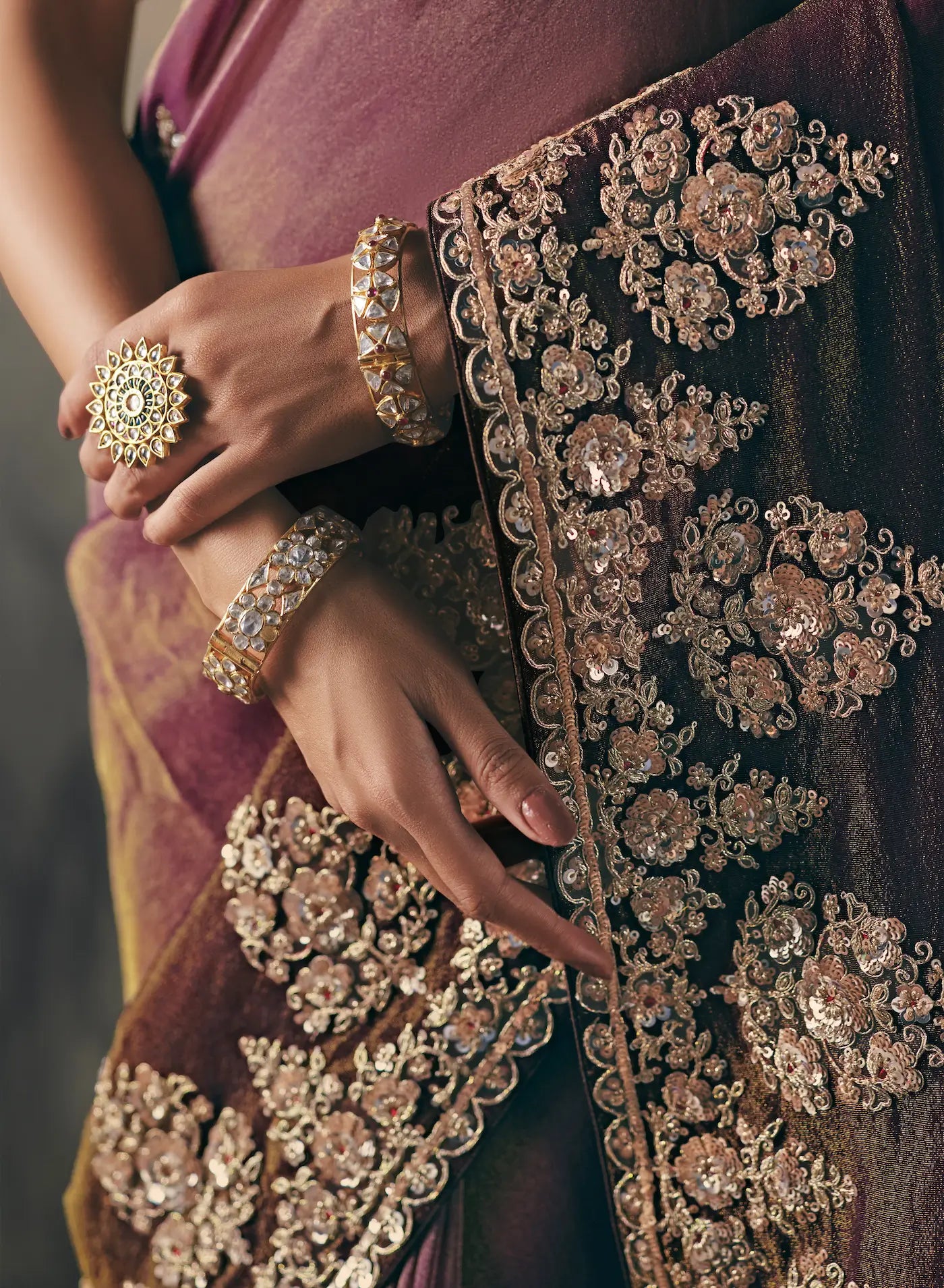 Purple-Brown Heavy Embroidered Tissue Silk Saree