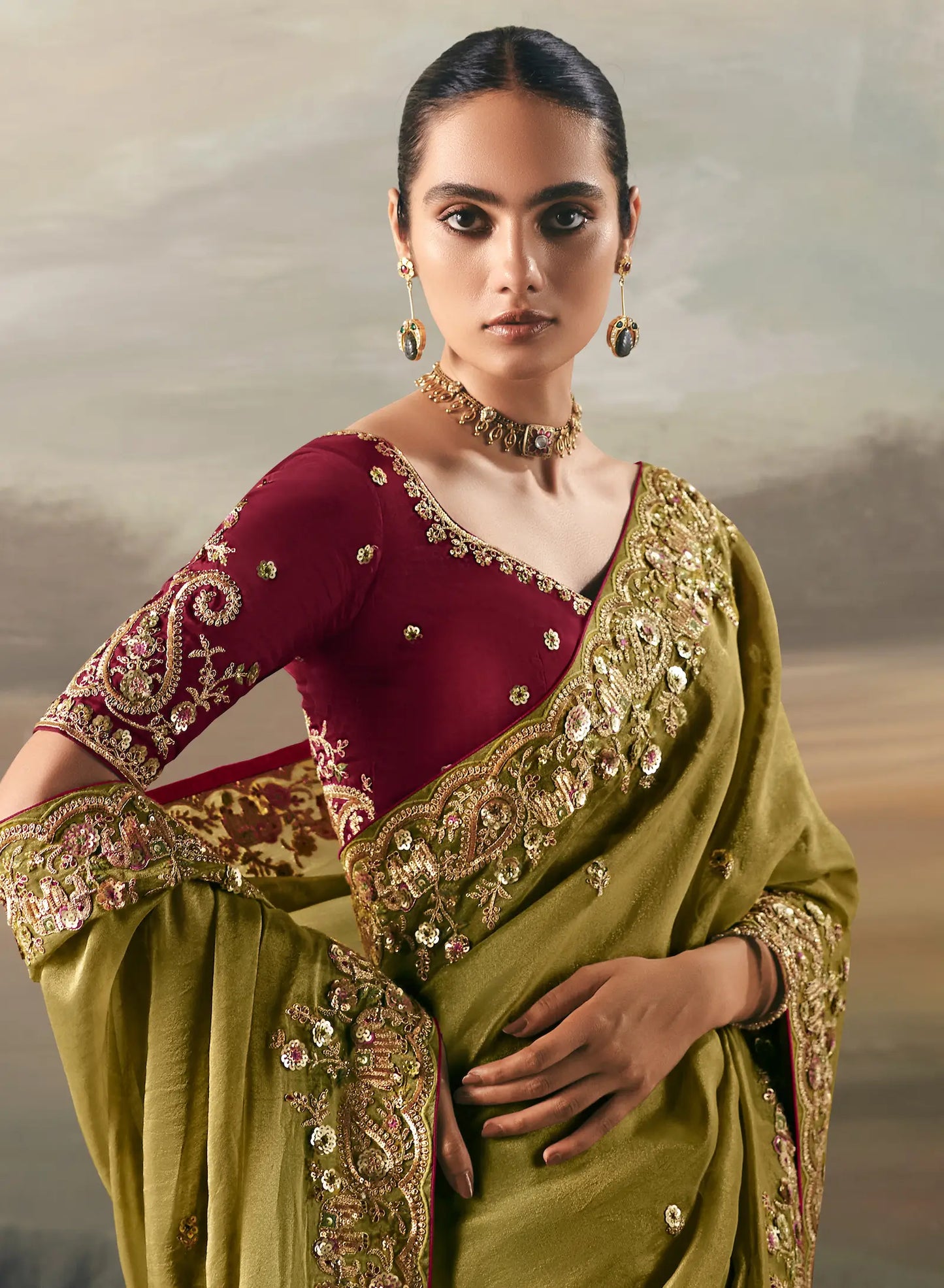 Parrot Green Heavy Embroidered Tissue Silk Saree