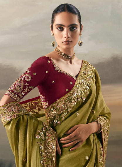 Parrot Green Heavy Embroidered Tissue Silk Saree