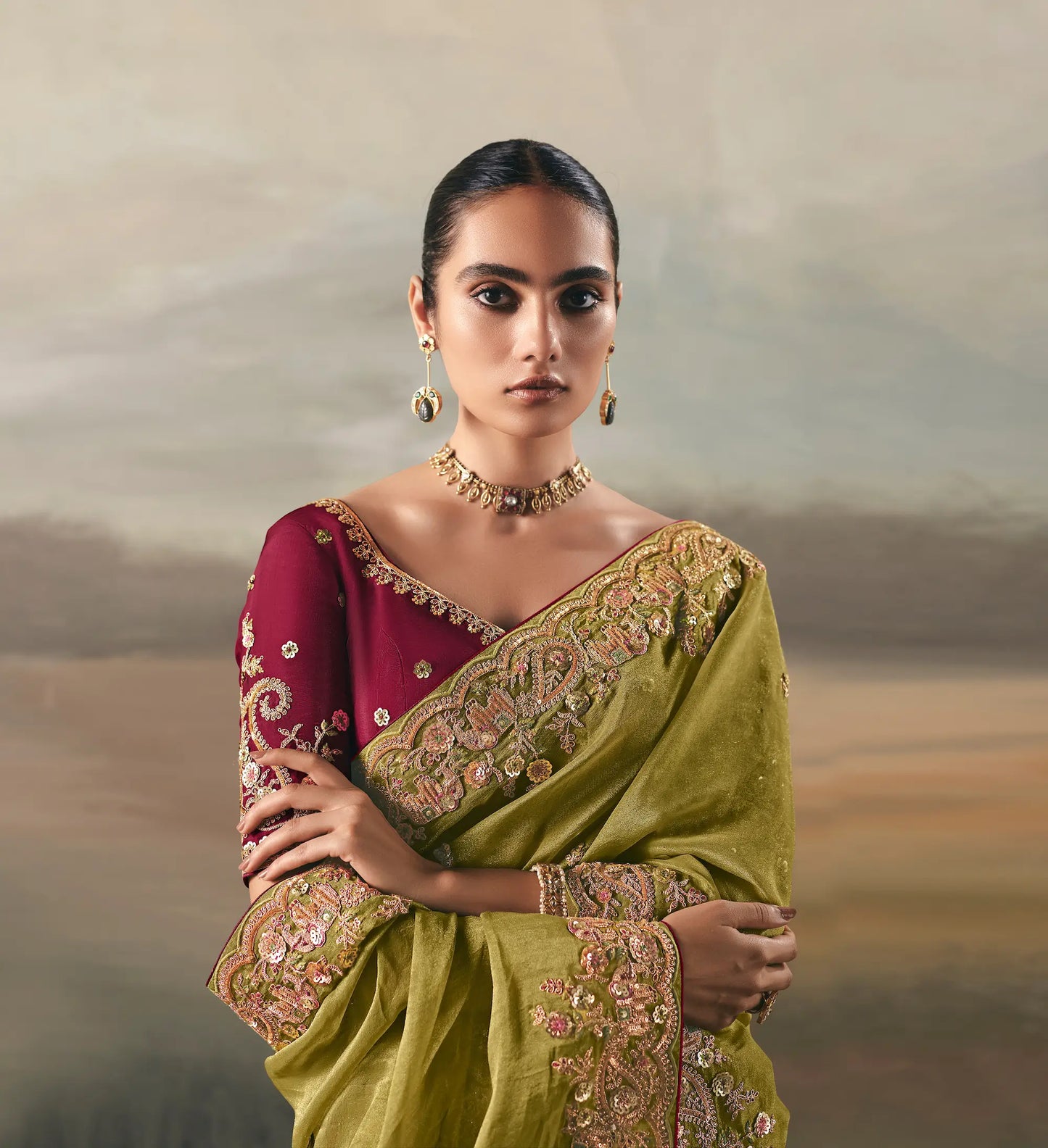 Parrot Green Heavy Embroidered Tissue Silk Saree