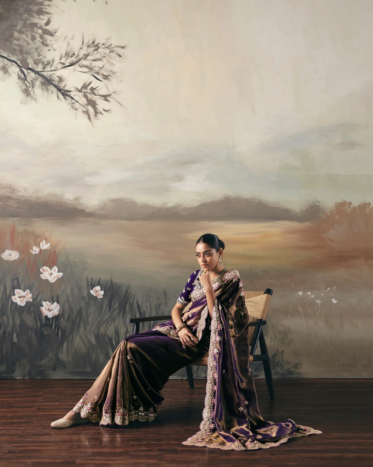 Golden Purple Heavy Embroidered Tissue Silk Saree