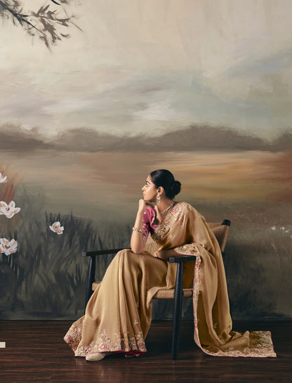 Shiney Beige Heavy Embroidered Tissue Silk Saree