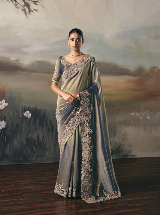 Shaded Grey Heavy Embroidered Tissue Silk Saree