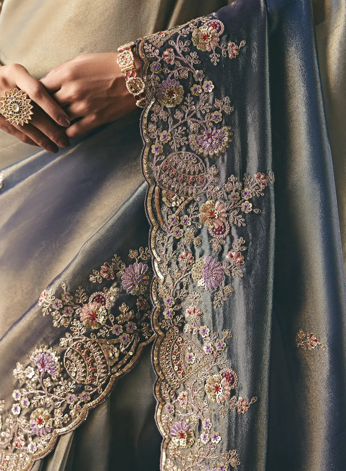 Shaded Grey Heavy Embroidered Tissue Silk Saree