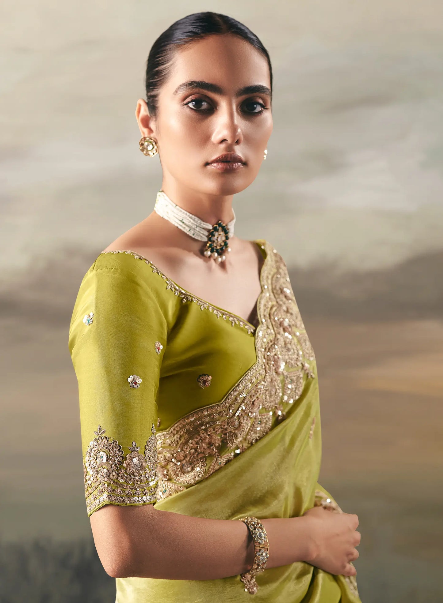 Fluorescent Yellow Heavy Embroidered Tissue Silk Saree