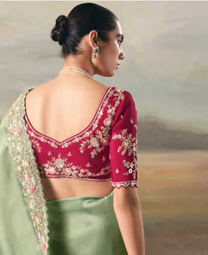 Sage Green Heavy Embroidered Tissue Silk Saree