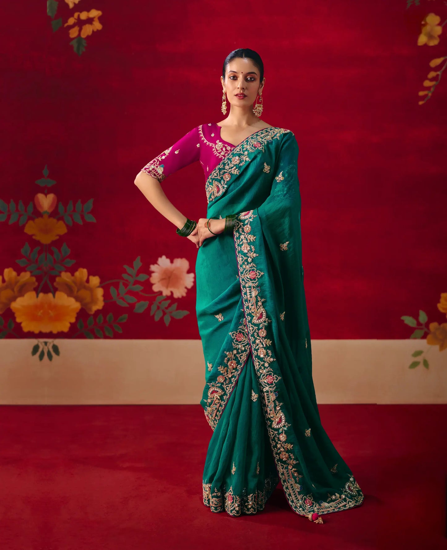 Deep Teal Heavy Embroidered Saree