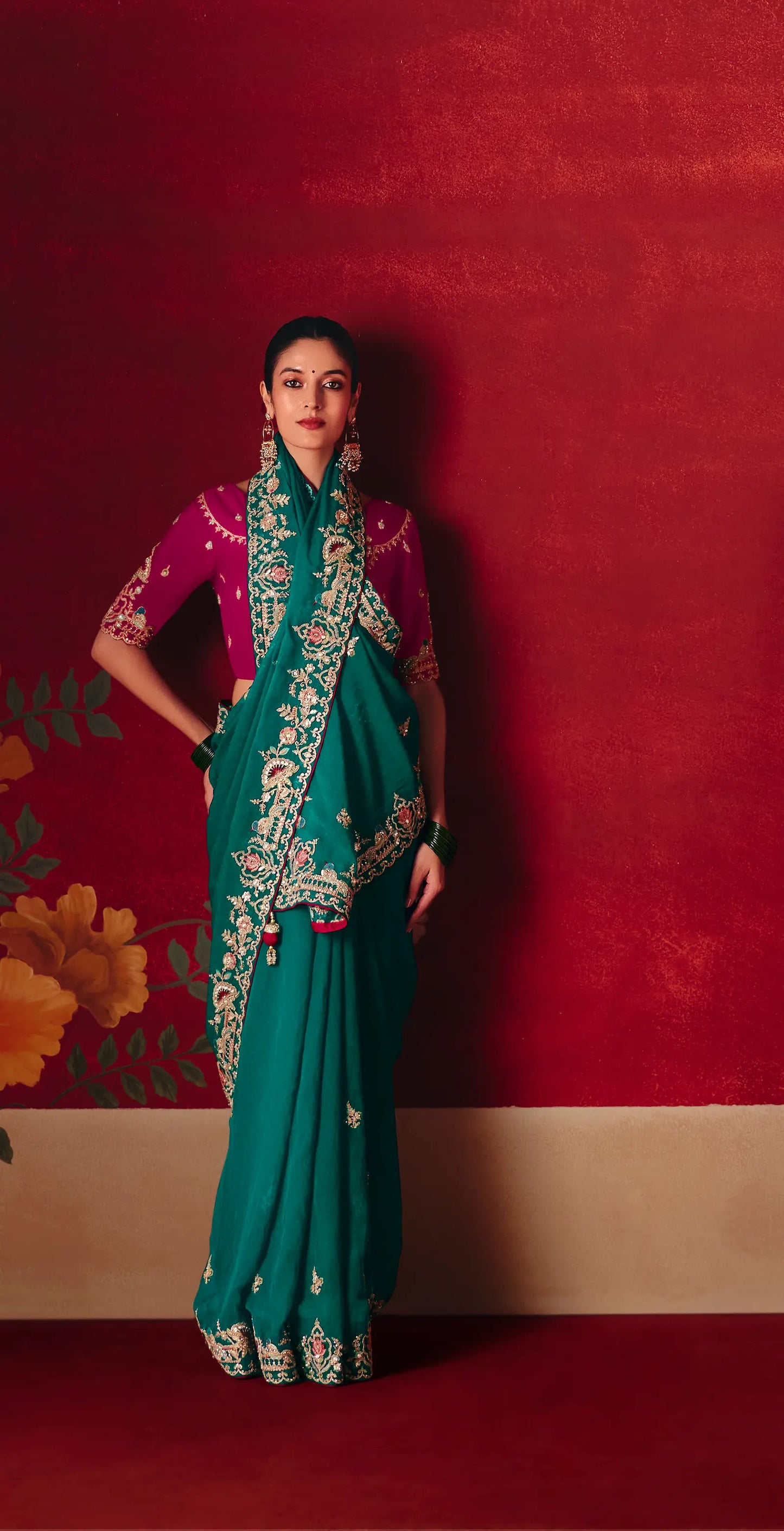Deep Teal Heavy Embroidered Saree