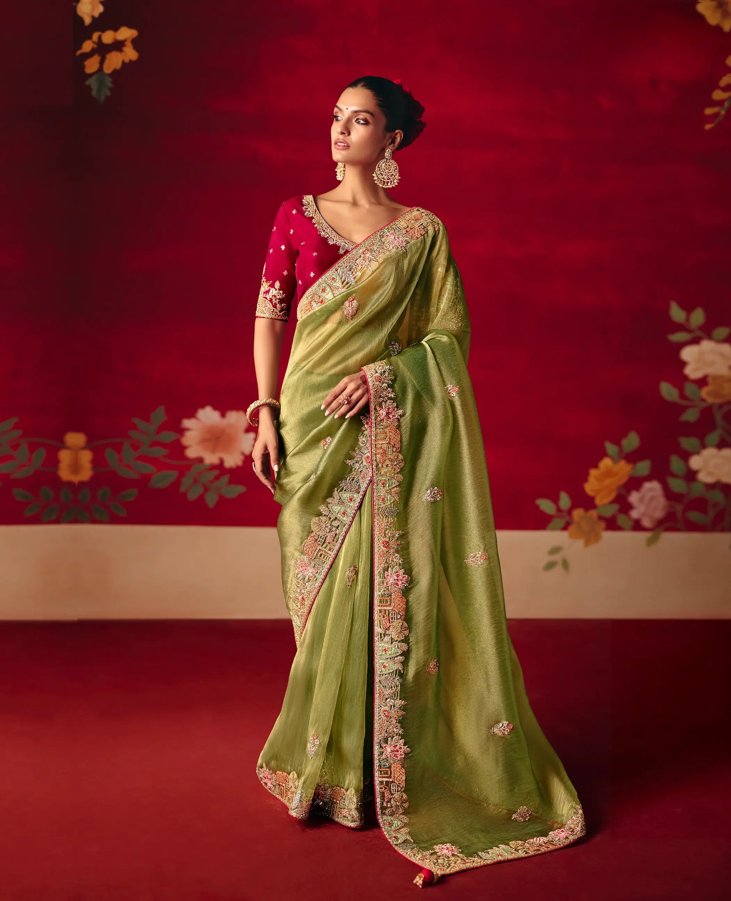 Moss Green Heavy Embroidered Saree