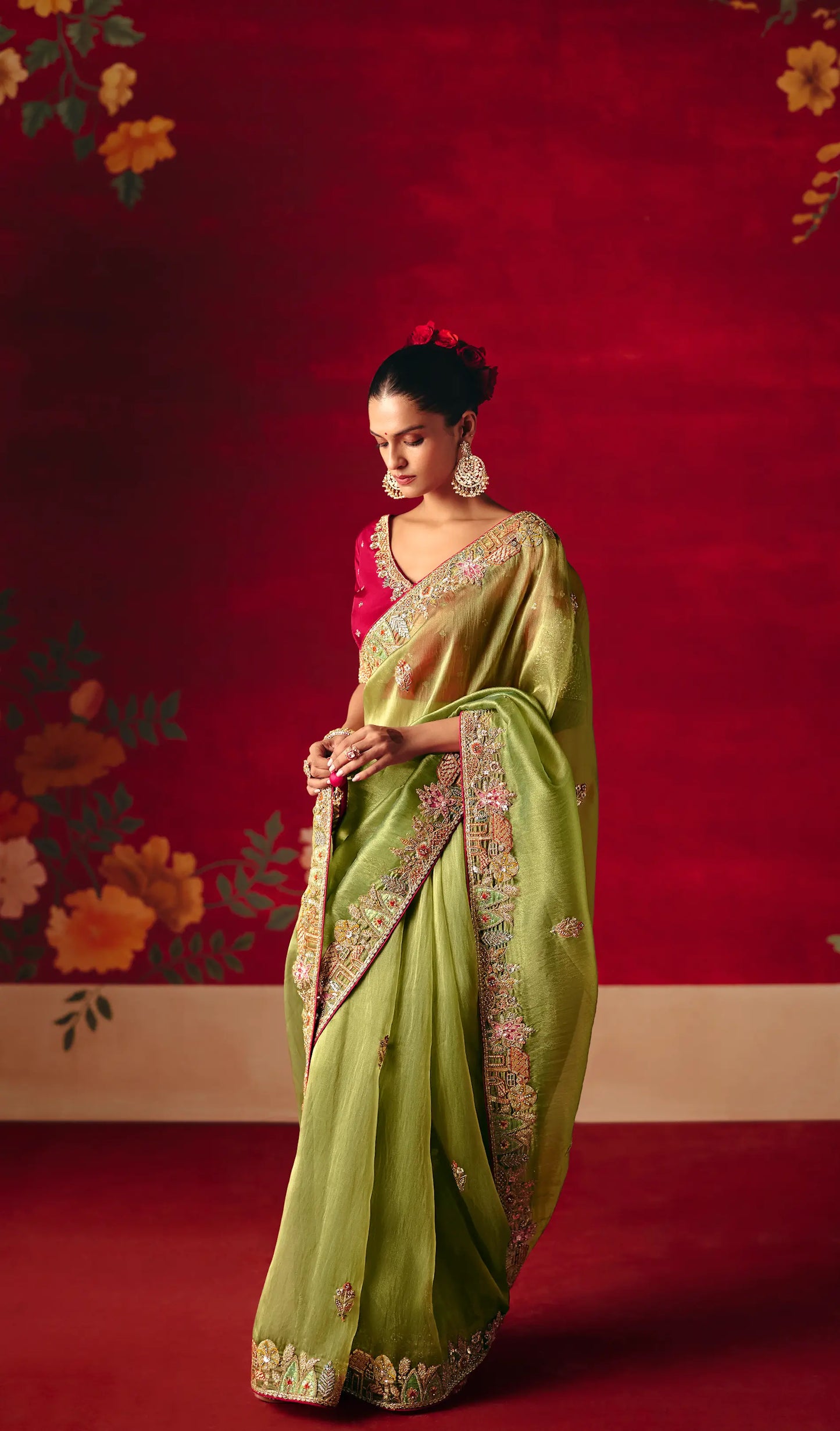 Moss Green Heavy Embroidered Saree